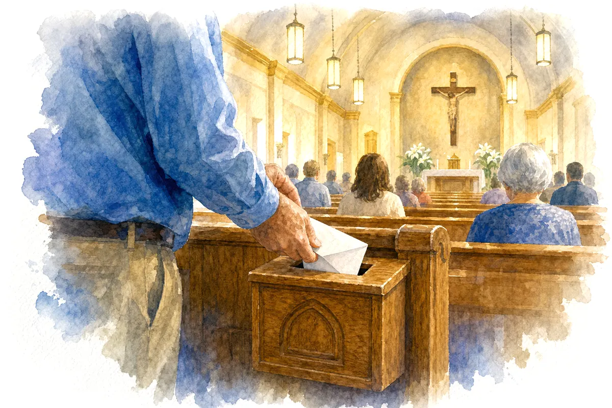 Hands slipping an envelope into a wooden offering box at a church entrance.