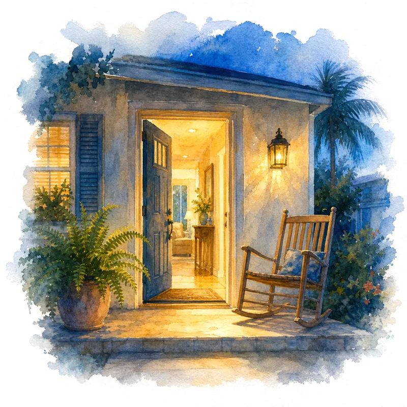 A front door standing open at dusk, warm light spilling onto the porch.