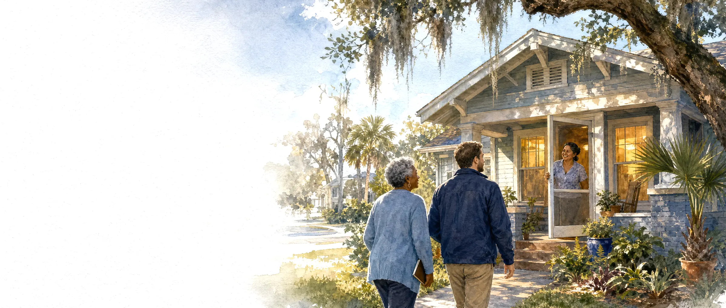 Two Vincentian volunteers walk up the path of a St. Petersburg bungalow as a neighbor opens the screen door to greet them.