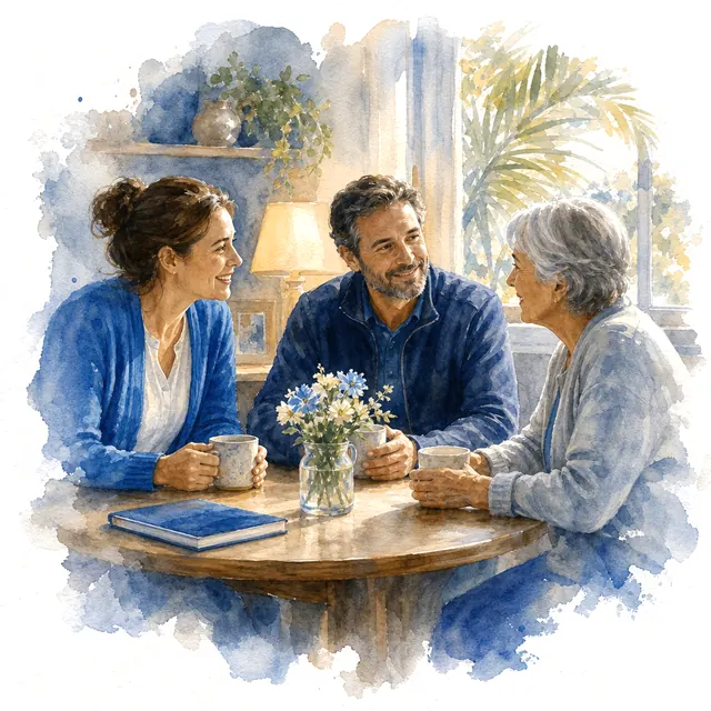 Two volunteers and a neighbor talking over coffee at her kitchen table.