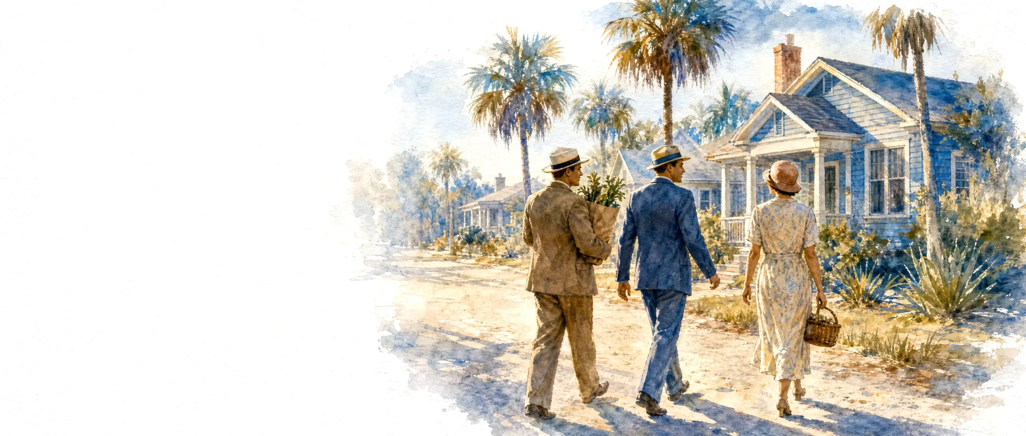 Three Vincentians in 1930s clothes walk down a sandy St. Petersburg street lined with bungalows and palms, carrying groceries.