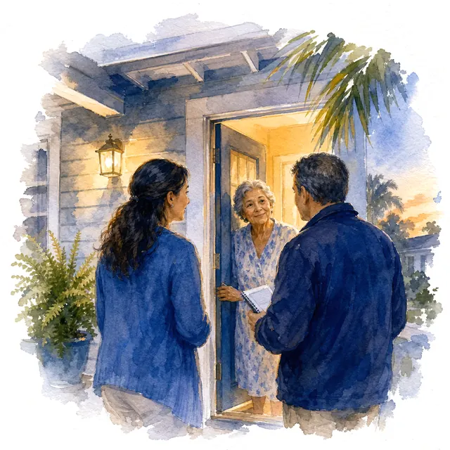 Two volunteers arriving at a neighbor’s front porch.